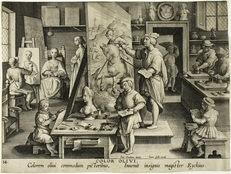 The Invention of Oil Painting, from Nova Reperta Wall Art by Theodoor Galle - High-Resolution Digital Print
