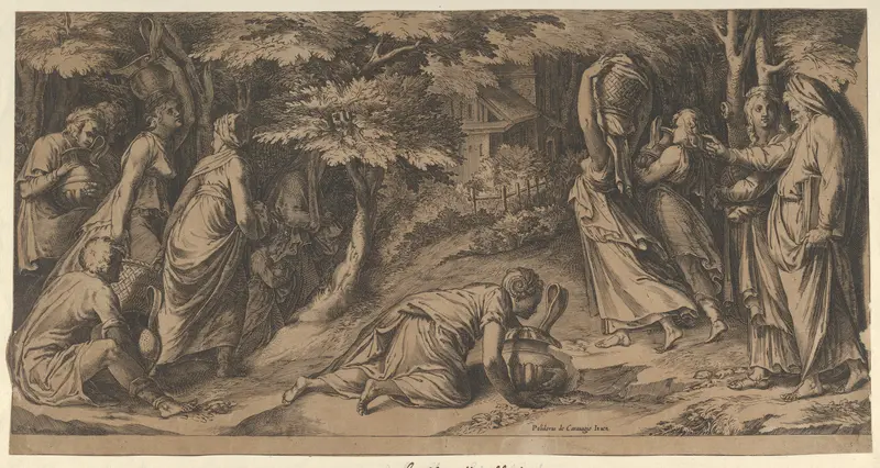 The Israelites fleeing Egypt with Moses at right extending his right hand and with a woman carrying an urn prostrate before him Wall Art by Cherubino Alberti (Zaccaria Mattia) - High-Resolution Digital Print