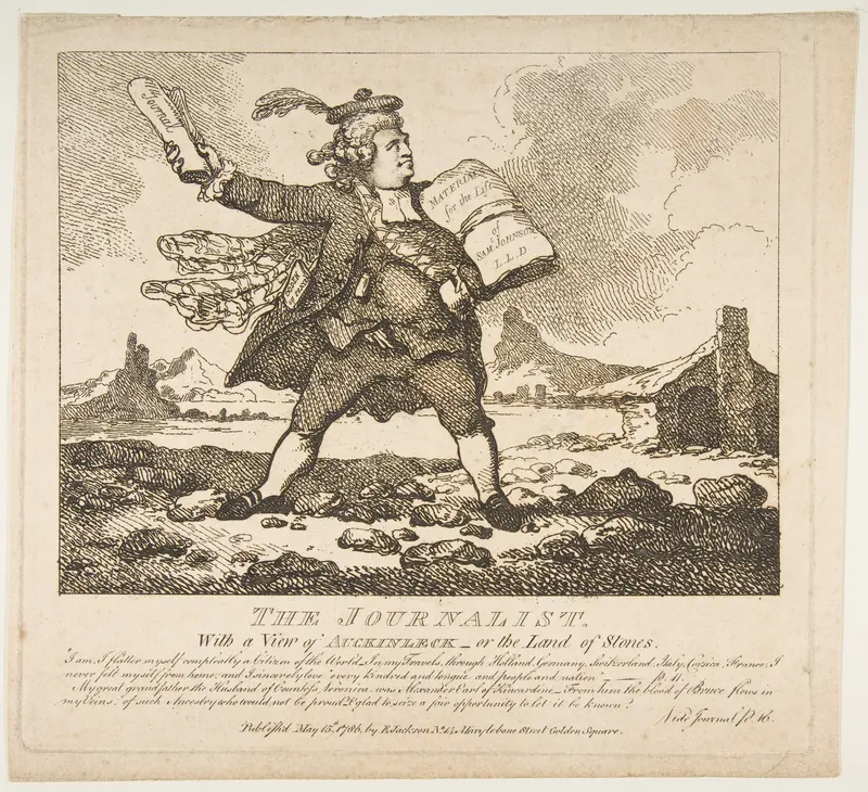 The Journalist, With a View of Auckinleck–or the Land of Stones (Picturesque Beauties of Boswell, Part the First) Wall Art by Thomas Rowlandson - High-Resolution Digital Print