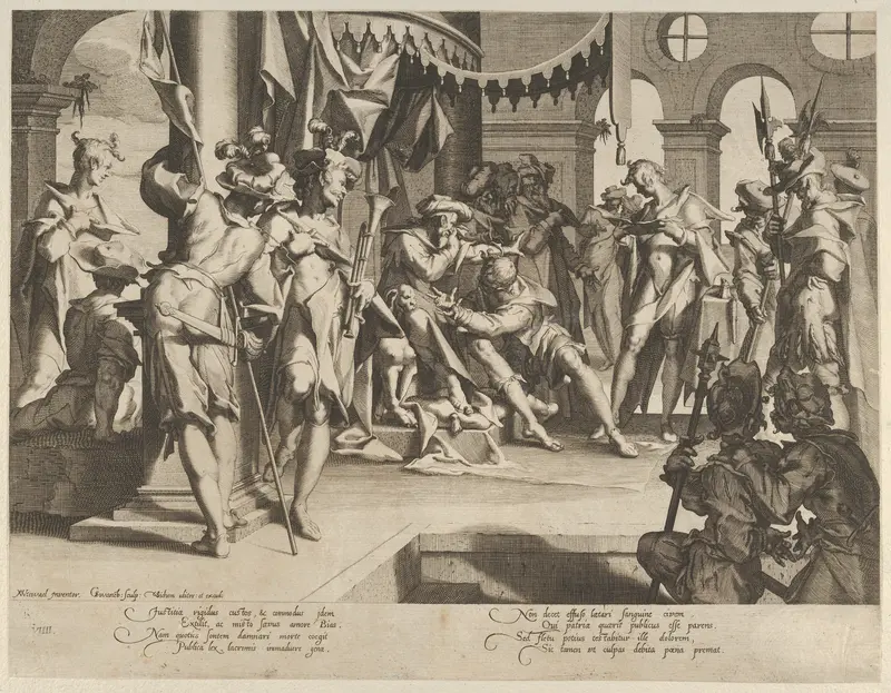The Judge Bias Shedding Tears, plate 9 from "Thronus Justitiae, tredecim pulcherrimus tabulis..." Wall Art by Willem van Swanenburg - High-Resolution Digital Print