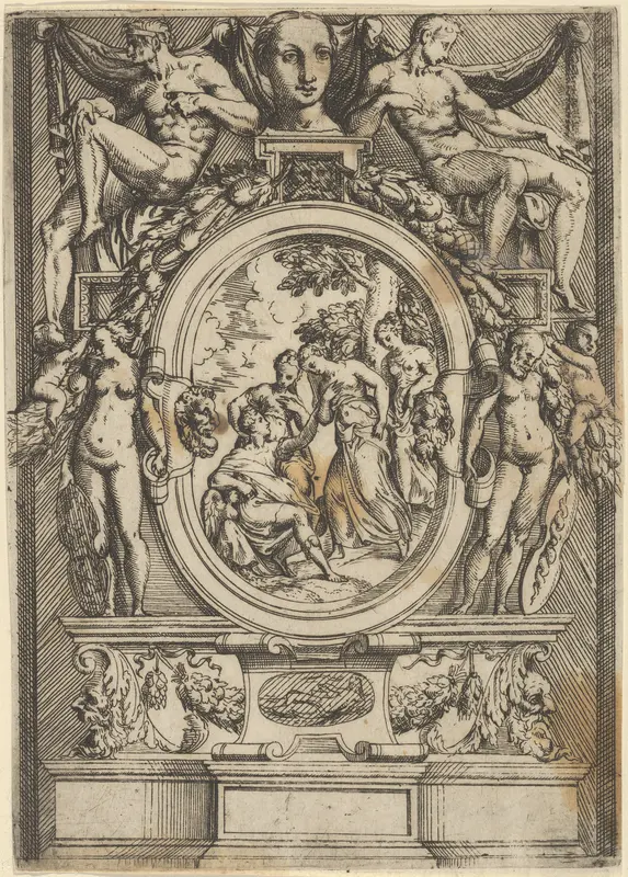 The Judgment of Paris; man seated at left reaches out to a woman who is flanked by two others, set within an elaborate frame Wall Art by Battista Angolo del Moro - High-Resolution Digital Print