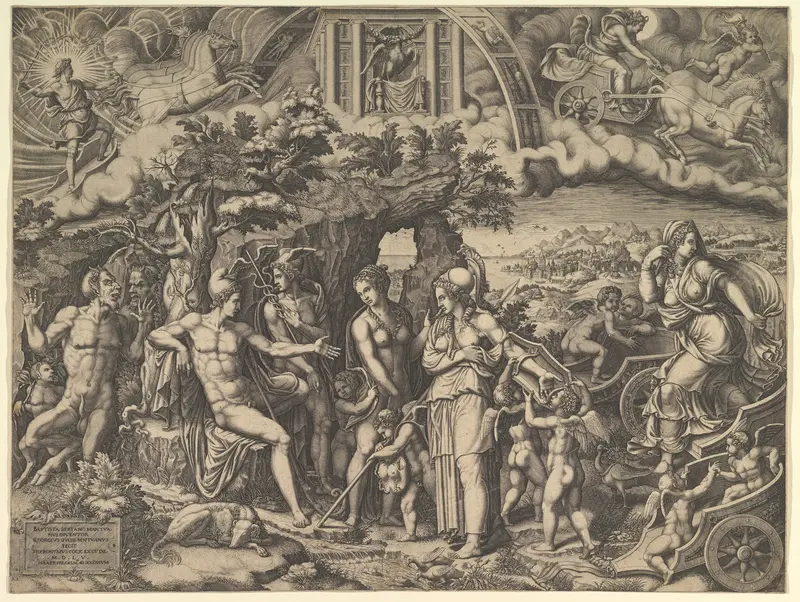 The Judgment of Paris; Paris seated on a rock choosing between the goddesses Venus, Juno, and Minerva, the god Mercury with a caduceus in between them Wall Art by Giorgio Ghisi - High-Resolution Digital Print