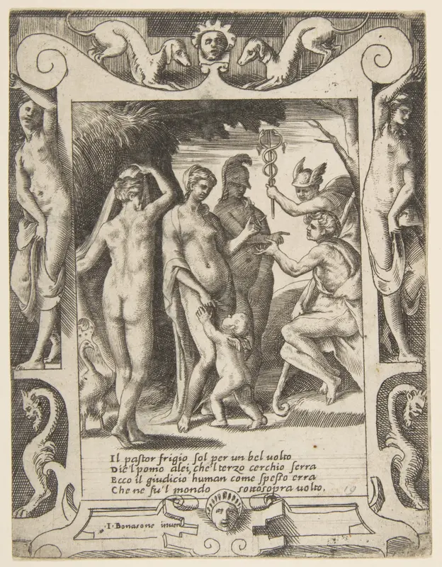 The judgment of Paris, set within an elaborate frame, from "Loves, Rages and Jealousies of Juno" Wall Art by Giulio Bonasone - High-Resolution Digital Print