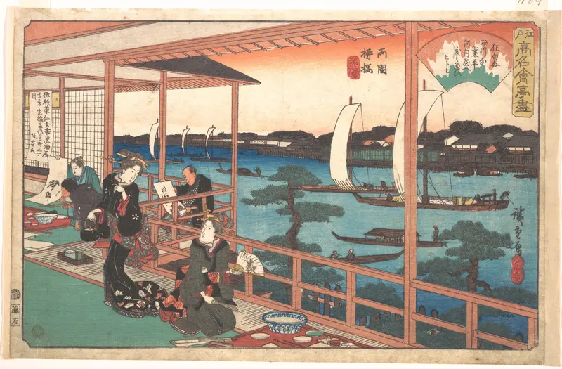 The Kawachiya Restaurant, Yanagi-bashi, Ryōgoku (Ryōgoku Yanagi-bashi, Kawachiya), from the series A Collection of Famous Restaurants of Edo (Edo Kōmei Kaitei Zukushi)