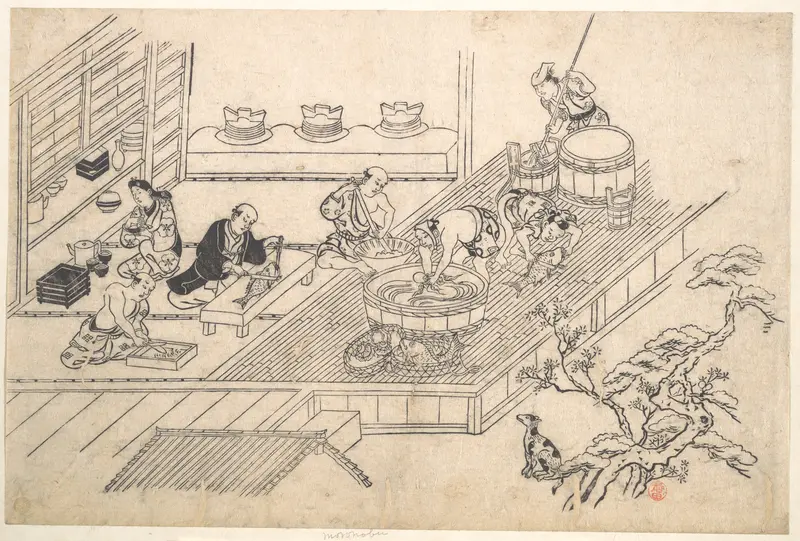 The Kitchen of a Joroya. Wall Art by Hishikawa Moronobu - High-Resolution Digital Print