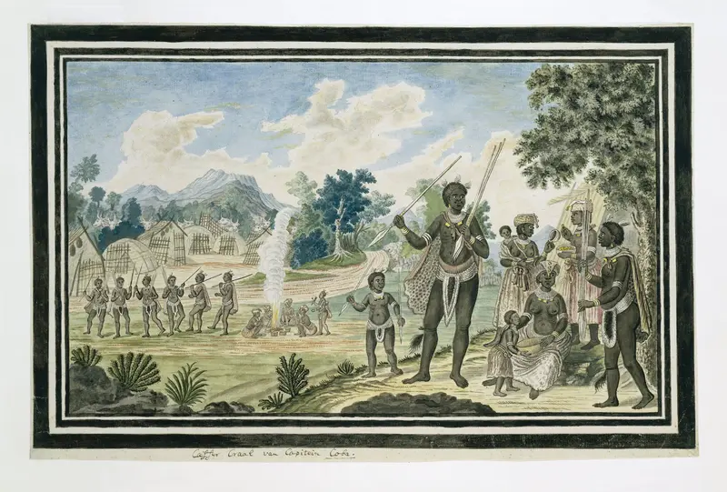 The kraal of “Captain” Coba (or Kobé), a chief of the Gqunukhwebe Wall Art by Robert Jacob Gordon - High-Resolution Digital Print