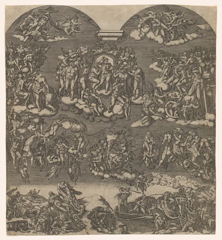 The Last Judgment, Christ at top center surrounded by many figures, below figures sound trumpets and people are being forced from the boat into hell Wall Art by Anonymous - High-Resolution Digital Print