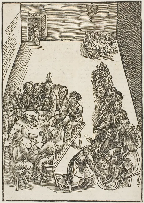 The Last Supper and Christ Washing the Feet of His Disciples, plate nine from Passio domini nostri Jesu Christi Wall Art by Urs Graf, the Elder - High-Resolution Digital Print