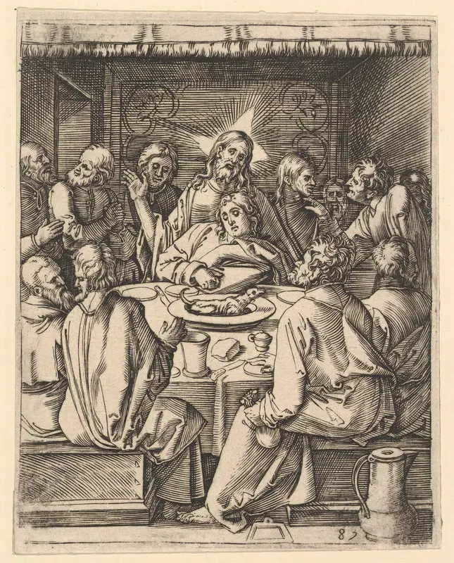 The Last Supper; The last supper with Christ sitting in the center embracing John, from "The Passion of Christ", after Dürer
