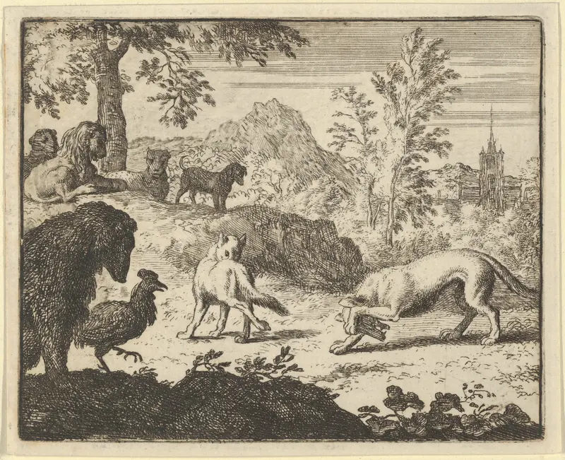 The Lion Allows a Fight Between the Wolf and Renard from Hendrick van Alcmar's Renard The Fox Wall Art by Allart van Everdingen - High-Resolution Digital Print