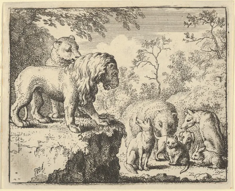 The Lion and the Lioness Pardon Renard and Order the Other Animals to Forget His Crimes from Hendrick van Alcmar's Renard The Fox Wall Art by Allart van Everdingen - High-Resolution Digital Print