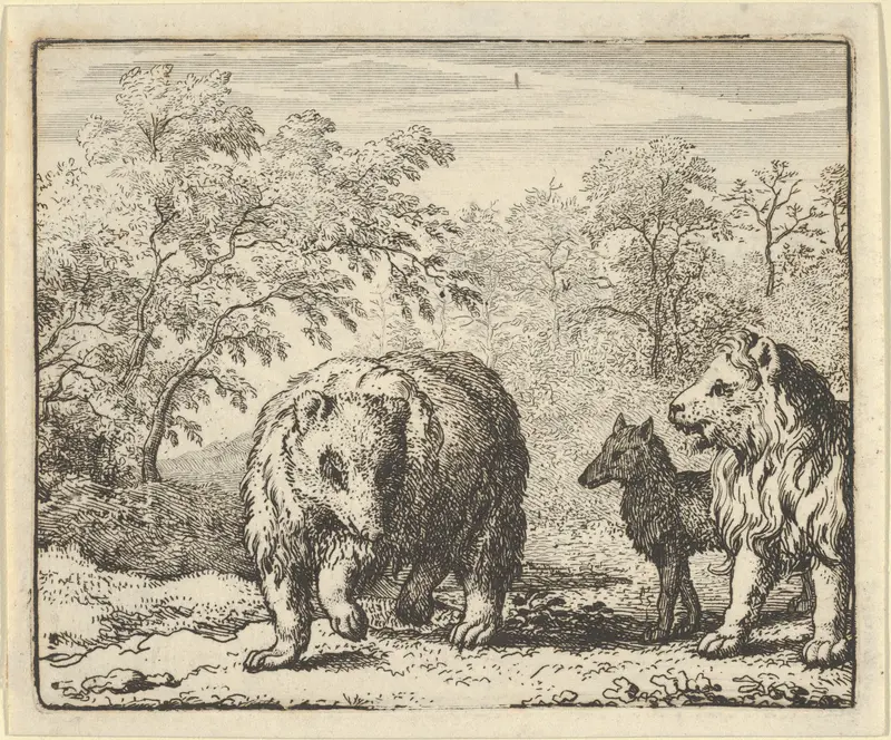 The Lion Frees the Bear and the Wolf from Hendrick van Alcmar's Renard The Fox Wall Art by Allart van Everdingen - High-Resolution Digital Print