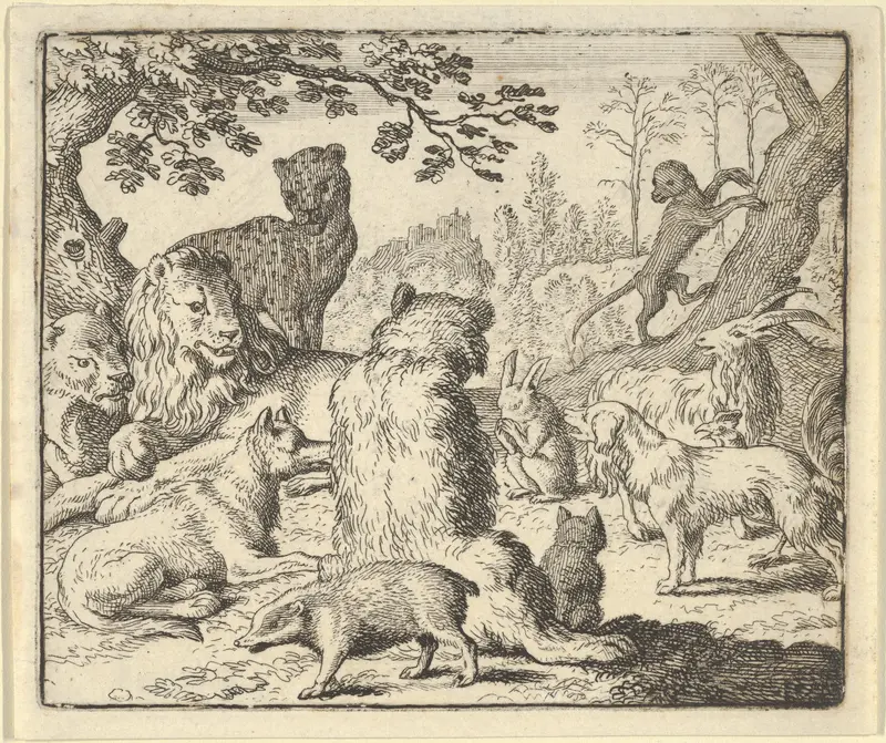 The Lion Orders All the Animals to Follow Him to Renard's Burrow from Hendrick van Alcmar's Renard The Fox Wall Art by Allart van Everdingen - High-Resolution Digital Print