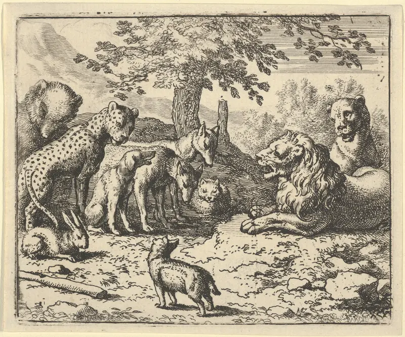 The Lion Takes the Advice of the Other Animals for Renard's Punishment from Hendrick van Alcmar's Renard The Fox Wall Art by Allart van Everdingen - High-Resolution Digital Print