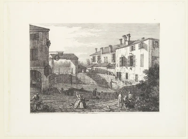 The Locks at Dolo, an oval-shaped basin with boats at center, buildings on either side, a fruit vendor and groups of figures in the foreground, from "Views" (Vedute altre prese da i luoghi altre ideate da Antonio Canal)