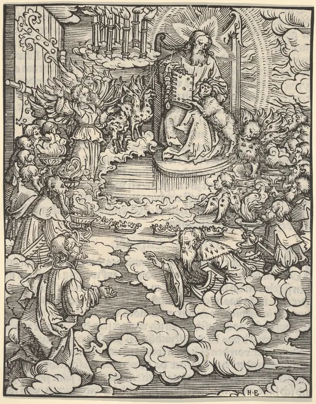 The Lord on the Throne Surrounded by Four Evangelists, plate 2 from "The Apocalypse" Wall Art by Hans Burgkmair - High-Resolution Digital Print