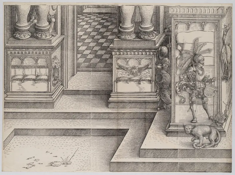 The Lower Portion of the Entryway to the Left Portal (Die Porten des Lobs); and the Outer Left Sockel of the Central Portal, from the Arch of Honor, proof, dated 1515, printed 1517-18 by Hans Springinklee - High-Resolution Digital Print