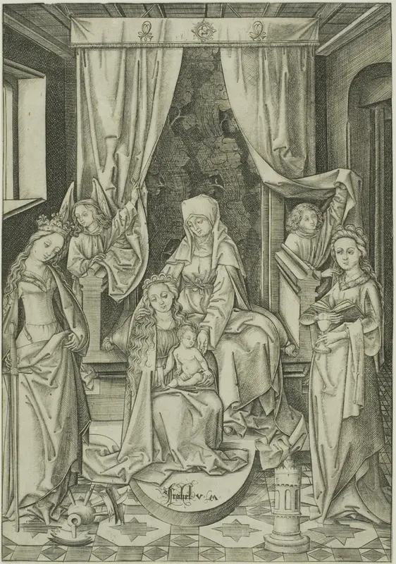 The Madonna with St. Anne, St. Catherine and St. Barbara Wall Art by Israhel van Meckenem, the younger - High-Resolution Digital Print