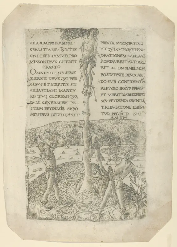 The Martyrdom of Saint Sebastian, with three archers Wall Art by Anonymous, Italian, Florentine, 15th century - High-Resolution Digital Print