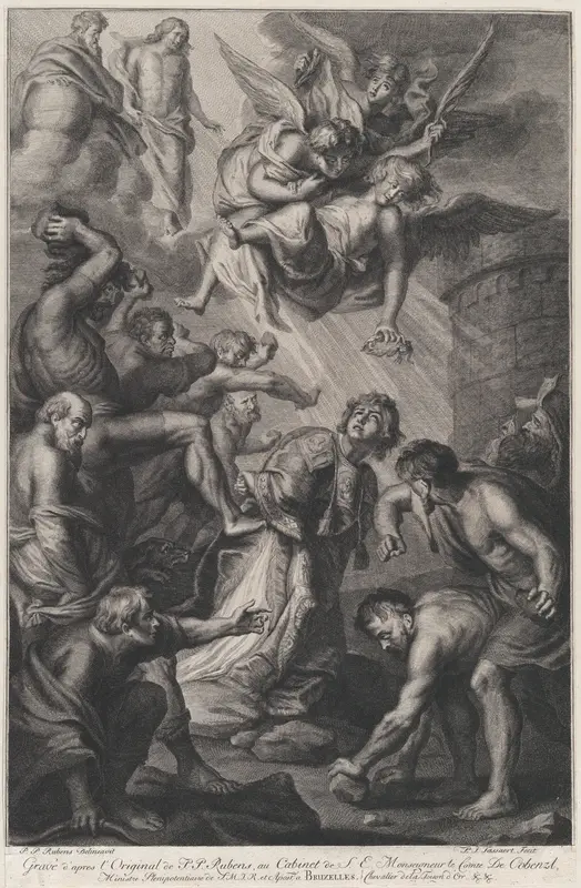 The Martyrdrom of Saint Stephen, kneeling at center while persecutors throw stones at him, three angels holding a laurel wreath overhead, and Christ and God the Father in the clouds at upper left Wall Art by Phillip Joseph Tassaert - High-Resolution Digital Print