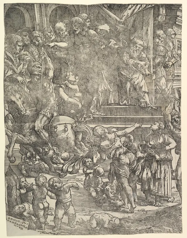 The Massacre of the Innocents (Left side), with man on horseback at center left, women and children below, group of figures standing on steps above, Herod seated on throne at upper right Wall Art by Domenico Campagnola - High-Resolution Digital Print
