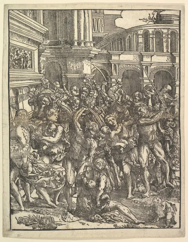 The Massacre of the Innocents (Right side) with group of male figures attacking women and children; classical buildings in the background Wall Art by Domenico Campagnola - High-Resolution Digital Print