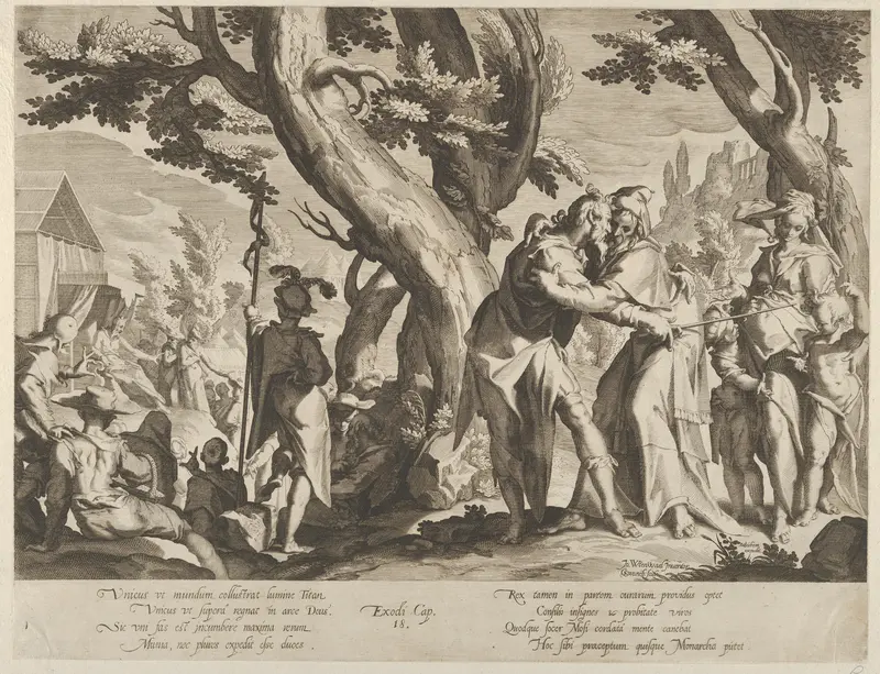 The Meeting of Moses and Jethro, plate 1 from "Thronus Justitiae, tredecim pulcherrimus tabulis..." Wall Art by Willem van Swanenburg - High-Resolution Digital Print