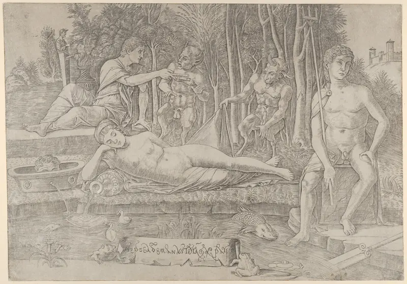 The metamorphosis of Amymone who lies at center leaning on her arm, surrounded by Apollo at left, Neptune at right and two satyrs Wall Art by Girolamo Mocetto - High-Resolution Digital Print