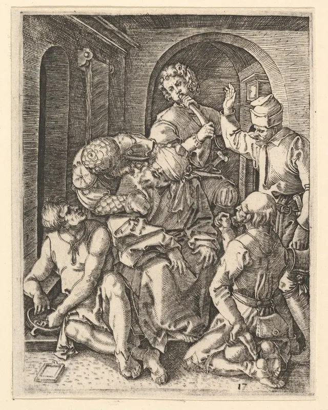 The mocking of Christ who is seated in center, blindfolded, from "The Passion of Christ", after Dürer