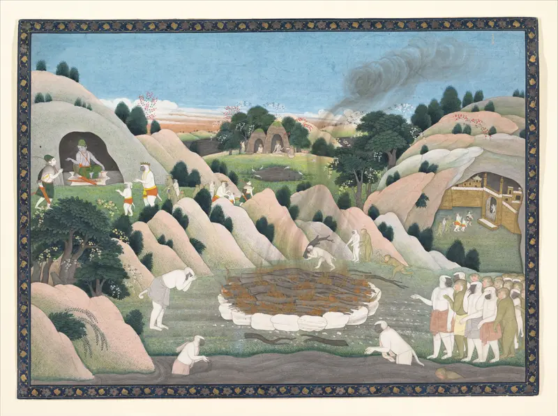 The Monkey King Vali's Funeral Pyre: Illustrated folio from a dispersed Ramayana series Wall Art by Nainsukh - High-Resolution Digital Print