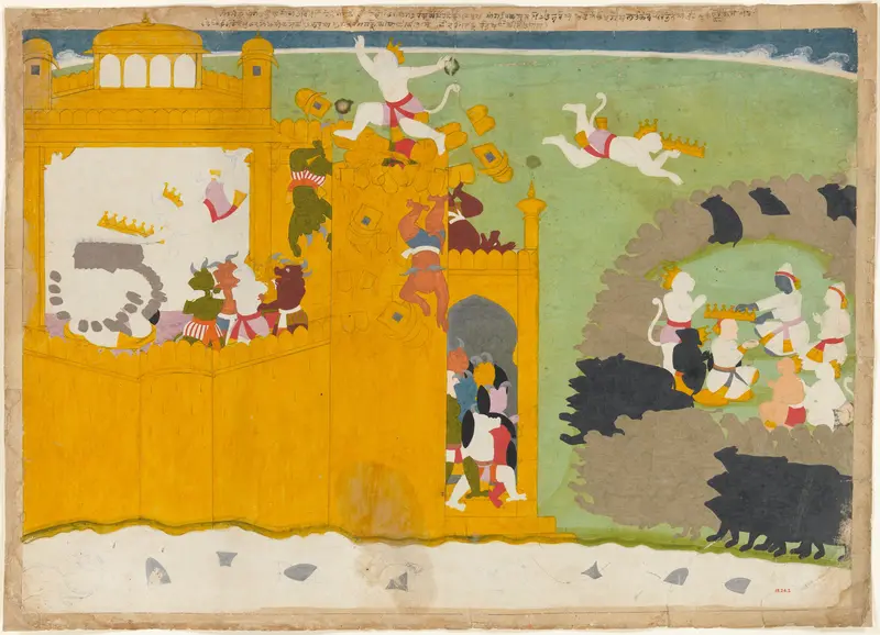 The Monkey Leader Angada Steals Ravana's Crown from His Fortress: Folio from the Siege of Lanka series Wall Art by Manaku - High-Resolution Digital Print