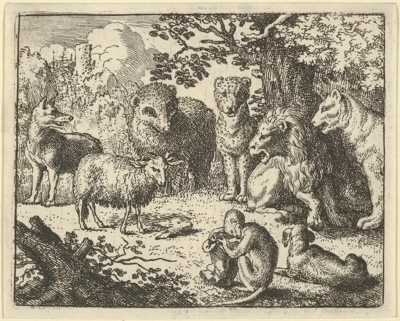 The Monkey Opens the Package and Removes the Rabbit's Head to the Great Surprise of the Animals from Hendrick van Alcmar's Renard The Fox Wall Art by Allart van Everdingen - High-Resolution Digital Print