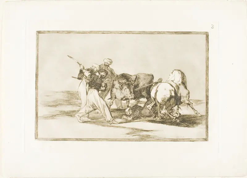 The Moors had settled in Spain, giving up the superstitions of the Koran, adopted this art of hunting, and spear a bull in the open, plate three from The Art of Bullfighting