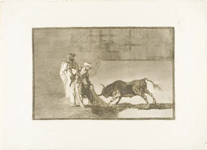 The Moors make a different play in the ring calling the bull with their burnous, plate six from The Art of Bullfighting