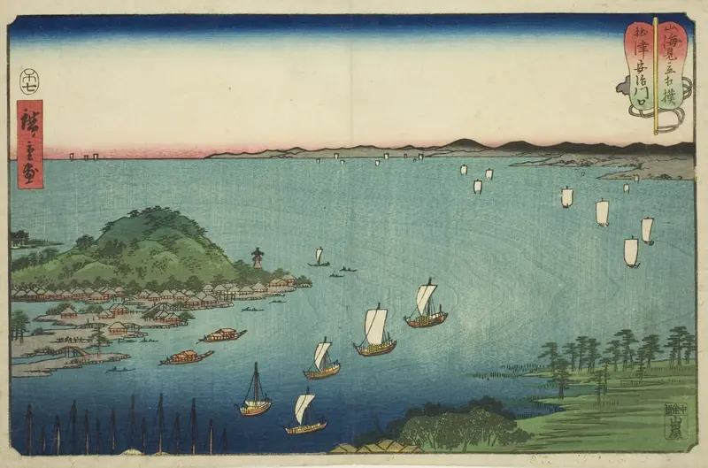 The Mouth of the Aji River in Settsu Province (Settsu Ajikawaguchi), from the series "Wrestling Matches between Mountains and Seas (Sankai mitate zumo)"