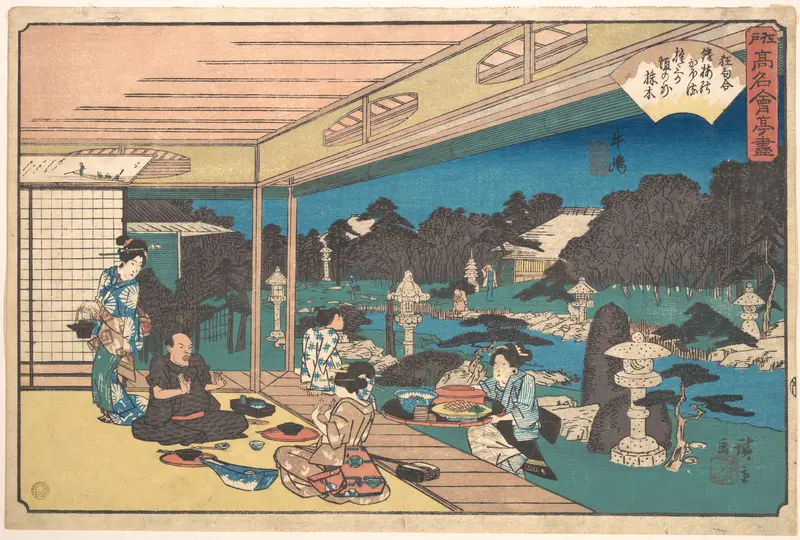 The Musashiya Restaurant, Ushijima (Ushijima, Musashiya), from the series A Collection of Famous Restaurants of Edo (Edo Kōmei Kaitei Zukushi)