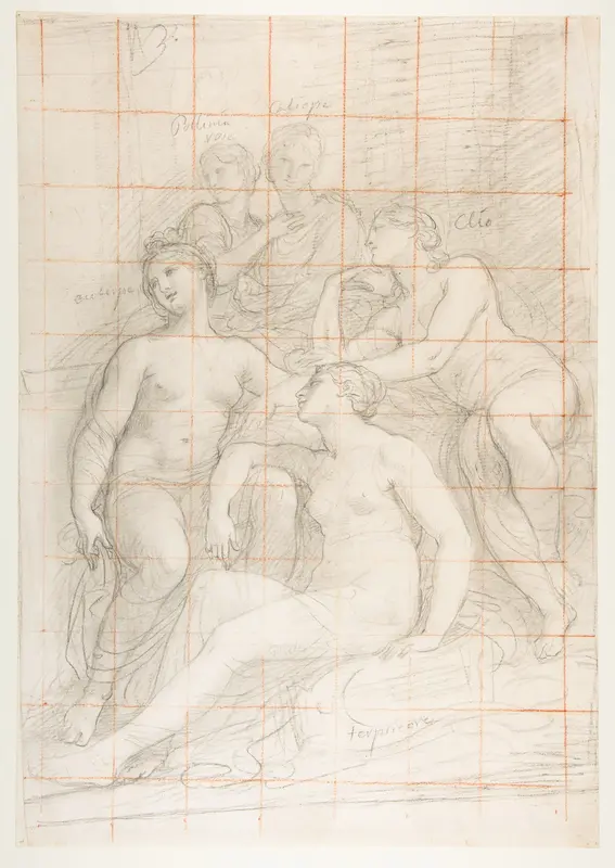 The Muses Euterpe, Polyhymnia, Calliope, Clio, and Terpsichore (recto); Sketch of a Sleeping Child (verso) Wall Art by Andrea Appiani - High-Resolution Digital Print
