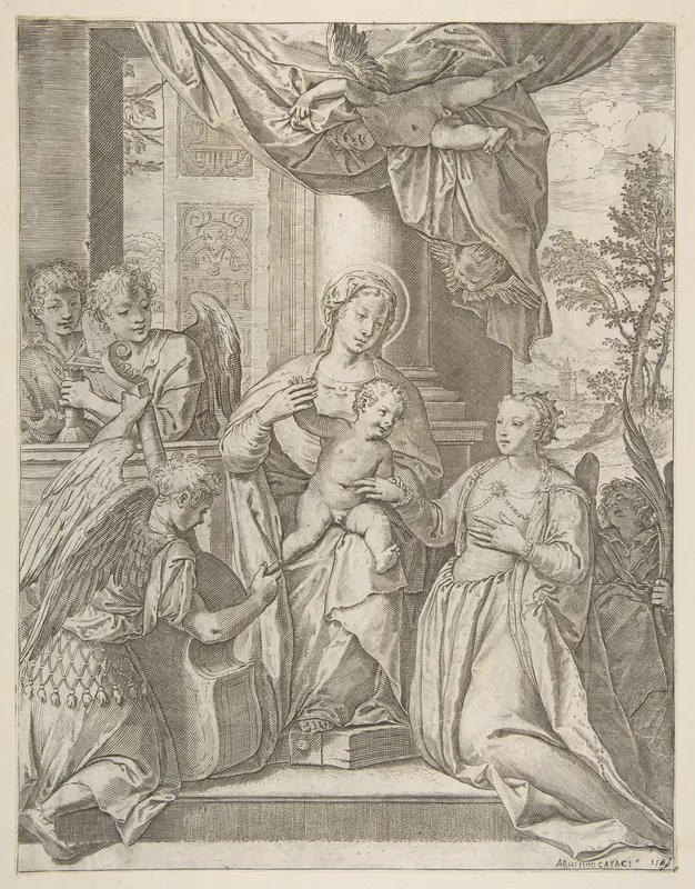 The mystic marriage of Saint Catherine who sits at center with the Christ child, angels with instruments at the left Wall Art by Agostino Carracci - High-Resolution Digital Print