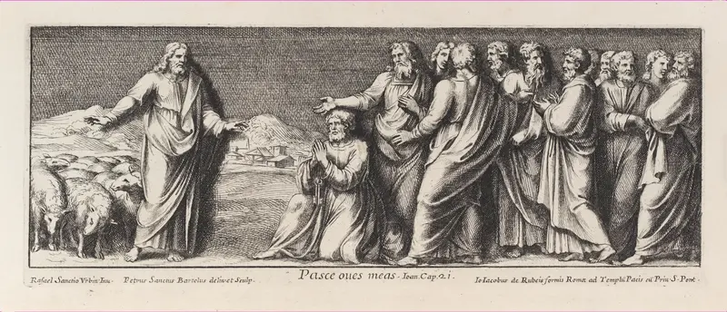 The naming of Saint Peter as Head of the Church, after Raphael's Stanza dell'incendio del Borgo, from a series of 15 plates, depicting Raphael's works for the Vatican stanze and the Sistine Chapel tapestries Wall Art by Pietro Santi Bartoli - High-Resolution Digital Print