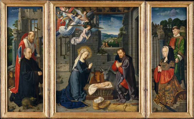 The Nativity with Donors and Saints Jerome and Leonard Wall Art by Gerard David - High-Resolution Digital Print