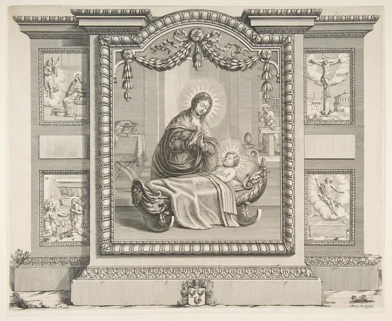 The Nativity with Scenes of The Annunciation, The Adoration of the Shepherds, The Crucifixion and The Resurrection Wall Art by Abraham Bosse - High-Resolution Digital Print
