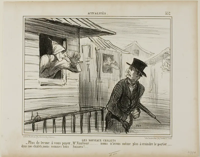 The New Blockhouses. “- No more rent to pay, Monsieur Vautour... and we are no longer afraid of the janitor..... in our chalets we are all Swiss,” plate 332 from Actualités
