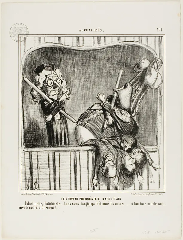 The New Neapolitan Buffoon. “- Polichinelle, Polichinelle, you have cudgelled the others long enough... now it's your turn. We will bring you to reason...,” plate 221 from Actualités