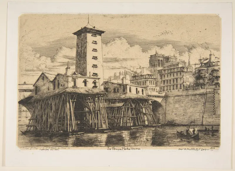 The Nôtre-Dame Pump, Paris, from "Etchings of Paris" Wall Art by Charles Meryon - High-Resolution Digital Print