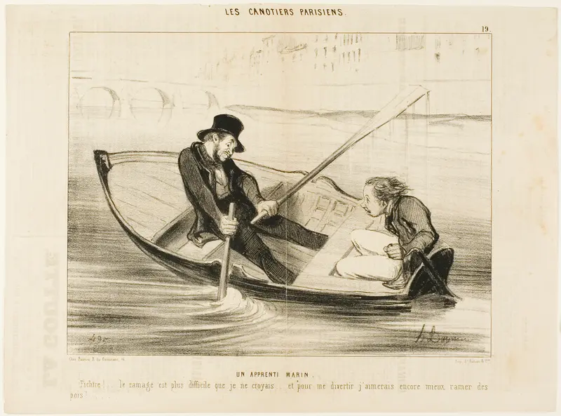 The Novice Sailor. “Devil... rowing is much more difficult than I thought! And to really enjoy myself I would rather stick peas.,” plate 19 from Les Canotiers Parisiens