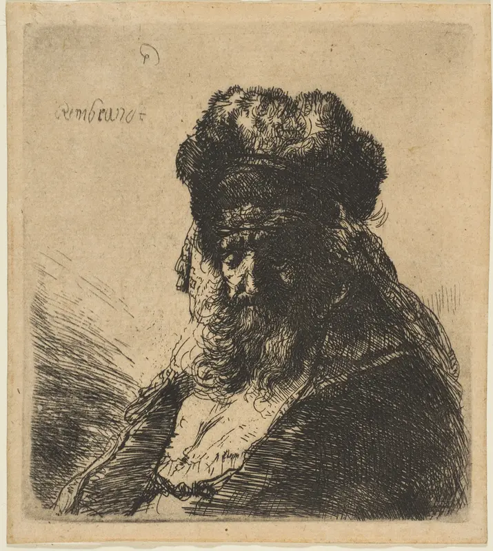 The Old Bearded Man in a High Fur Cap, with Eyes Closed Wall Art by Rembrandt (Rembrandt van Rijn) - High-Resolution Digital Print
