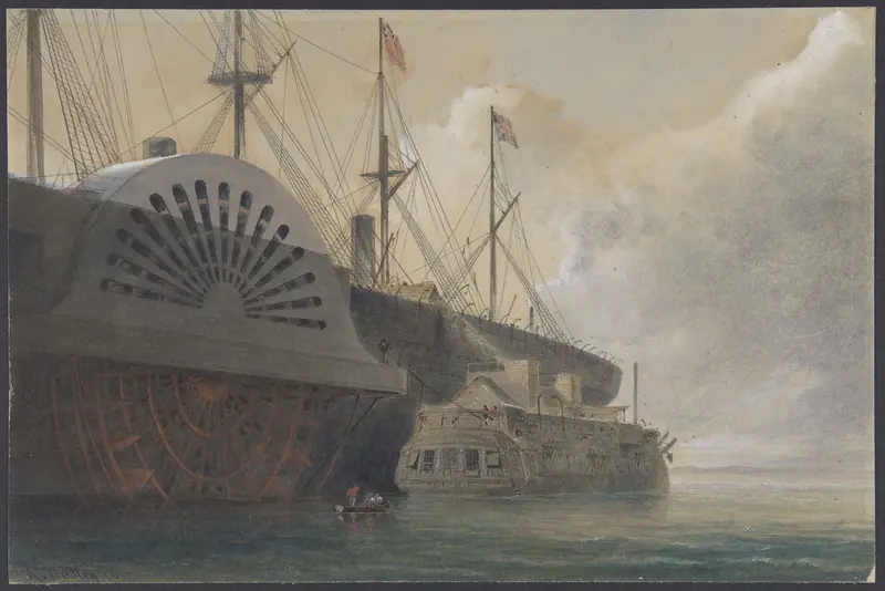 The Old Frigate Iris with Her Freight of Cable Alongside the Great Eastern at Sheerness: The Cable Passed from the Hulk to the Great Eastern Wall Art by Robert Charles Dudley - High-Resolution Digital Print