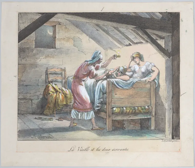 The Old Woman and the Two Maids, plate 118 from "Fables choisies de La Fontaine ornées de figures lithographiques..." Wall Art by Horace Vernet - High-Resolution Digital Print
