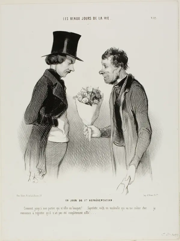 The Opening Night! “What! Even my porter offers me flowers!... Bless my soul, this comedy will cost me a fortune... I begin to regret that it hasn't been hissed off the stage altogether,” plate twelve from Les beaux jours de la vie
