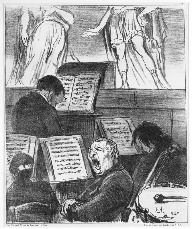 The Orchestra During the Performance of a Tragedy (L'orchestre pendant qu'on joue une tragédie), from Croquis Musicaux, published in Le Charivari, April 5, 1852 Wall Art by Honoré Daumier - High-Resolution Digital Print